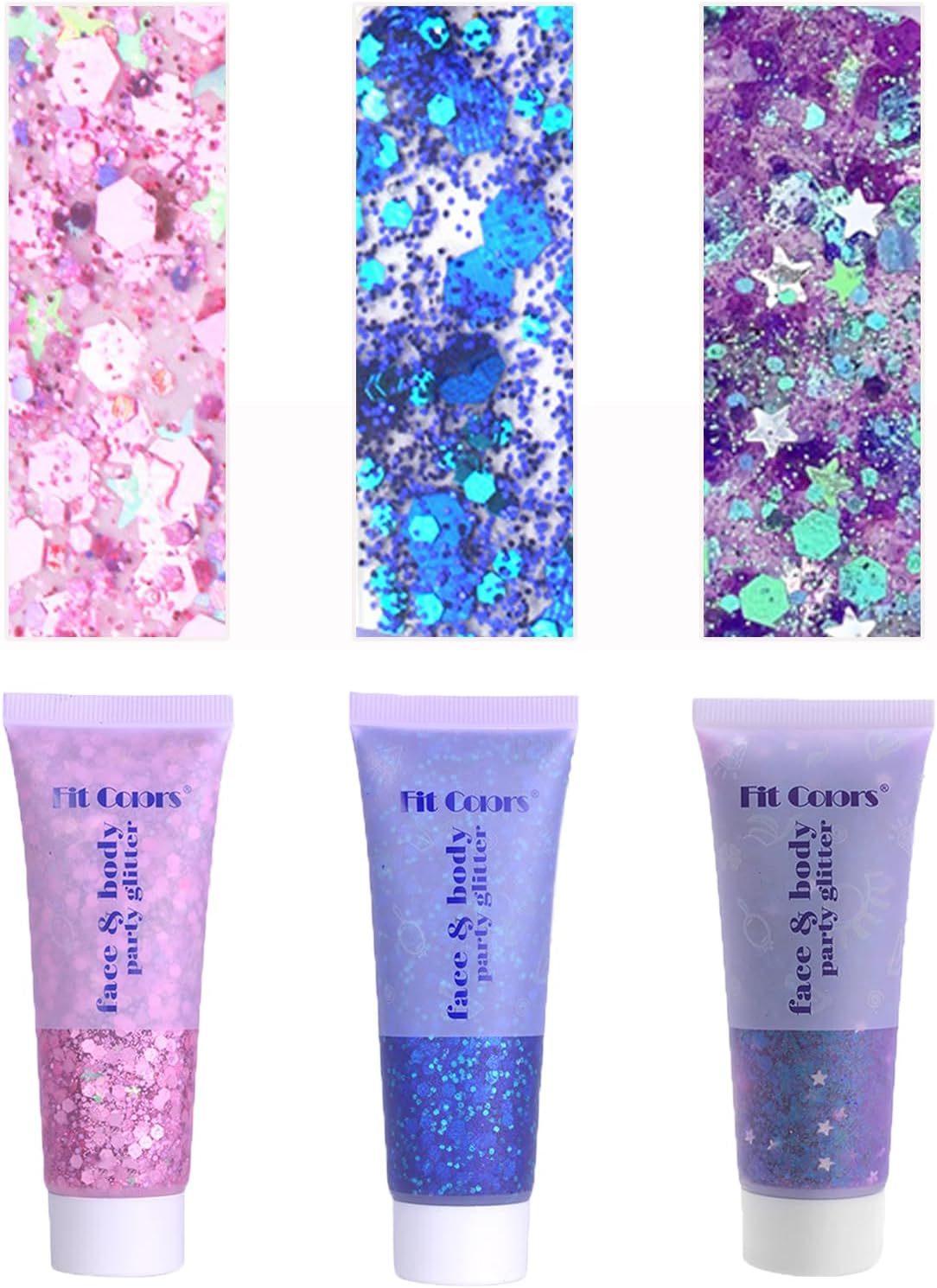 Face Body Glitter, Hair Glitter Sparkles Chunky Face Glitter Gel for Girls Makeup Singer Concerts Mermaid Festival Sequins Face Paint (Pink+Blue+Purple)