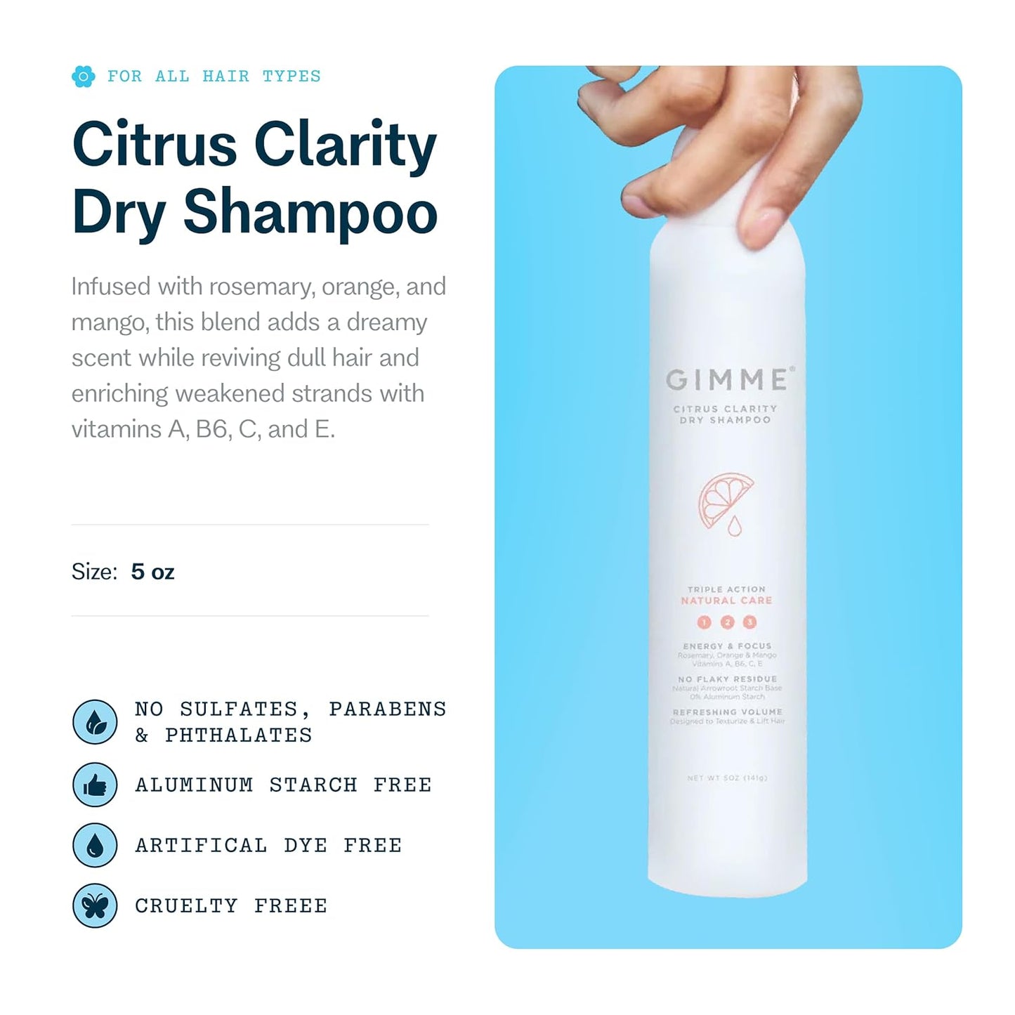 GIMME Beauty Dry Shampoo - For All Hair Types, Including Blonde - With Biotin, Aloe Vera & Keratin - Sulfate & Paraben Free with Sun Protection - Citrus Clarity