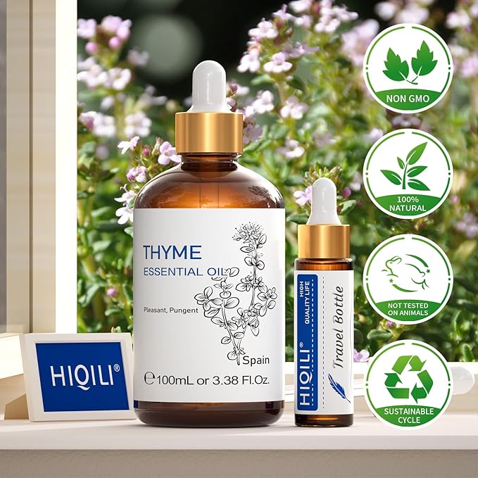HIQILI 3.38 Fl Oz Thyme Essential Oil, 100% Pure Undiluted for Hair, Skin, Diffuser, Aromatherapy, Includes 10ML Travel Bottle - 100ML