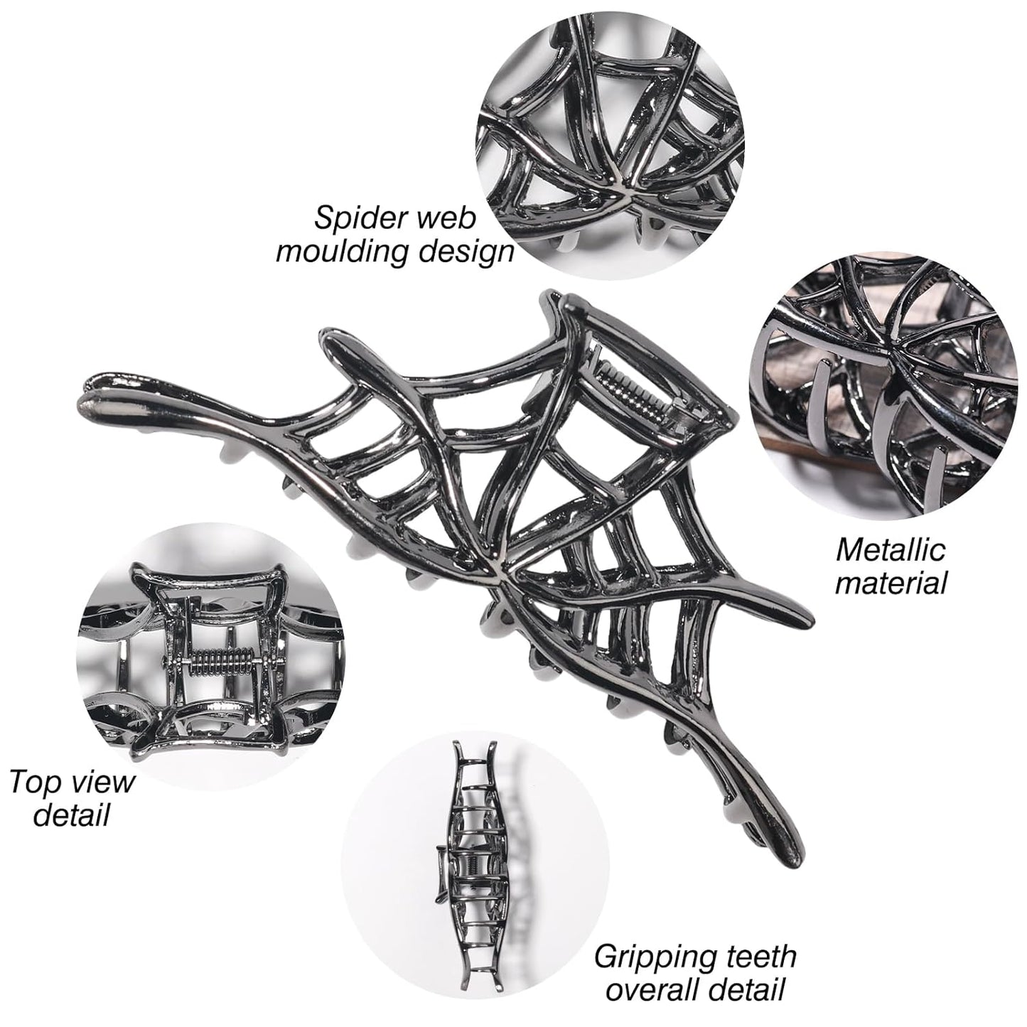 Halloween Spider Web Hair Claw Clips - Metal Black Alloy Nonslip Strong Hold Gothic Punk Catch Clips for Women's Thick or Thin Hairs