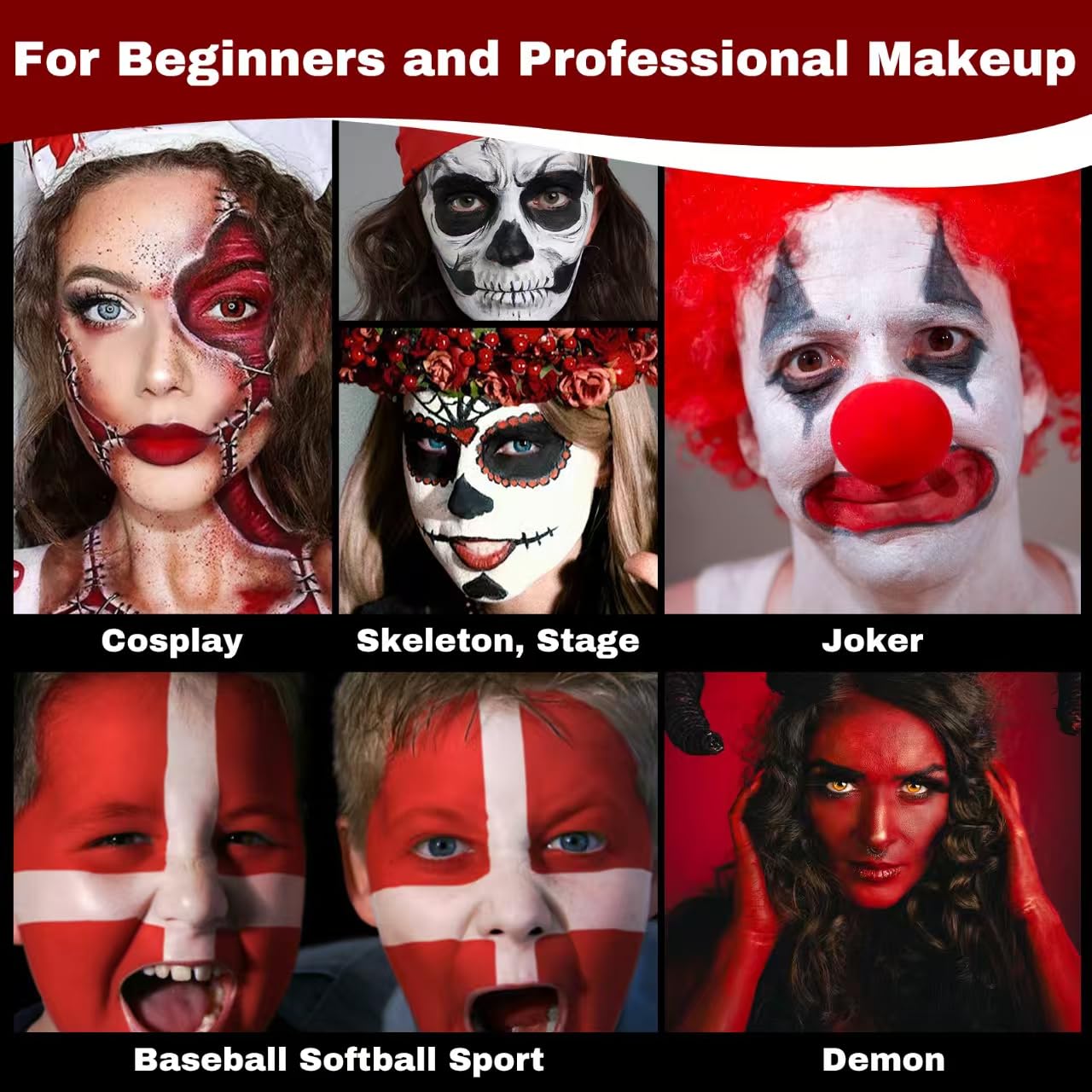 Halloween Makeup Kit, White + Black + Red Face Painting Kit for Adults 60g(2.1 oz), Body Paint Kit with Brushs for Halloween Makeup, Party, Cosplay, Theater