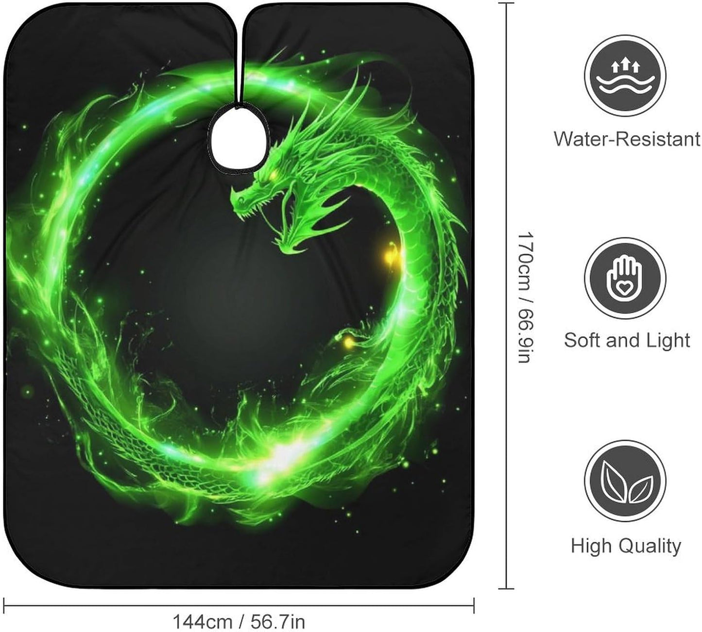 Salon Cape for Adults, Water Resistant Hair Cutting Salon Cape Extra Large Haircut Cloth Apron Cape Haircut Barber Gown (Green Fire Flame Dragon Black Art, 55x66 Inch)