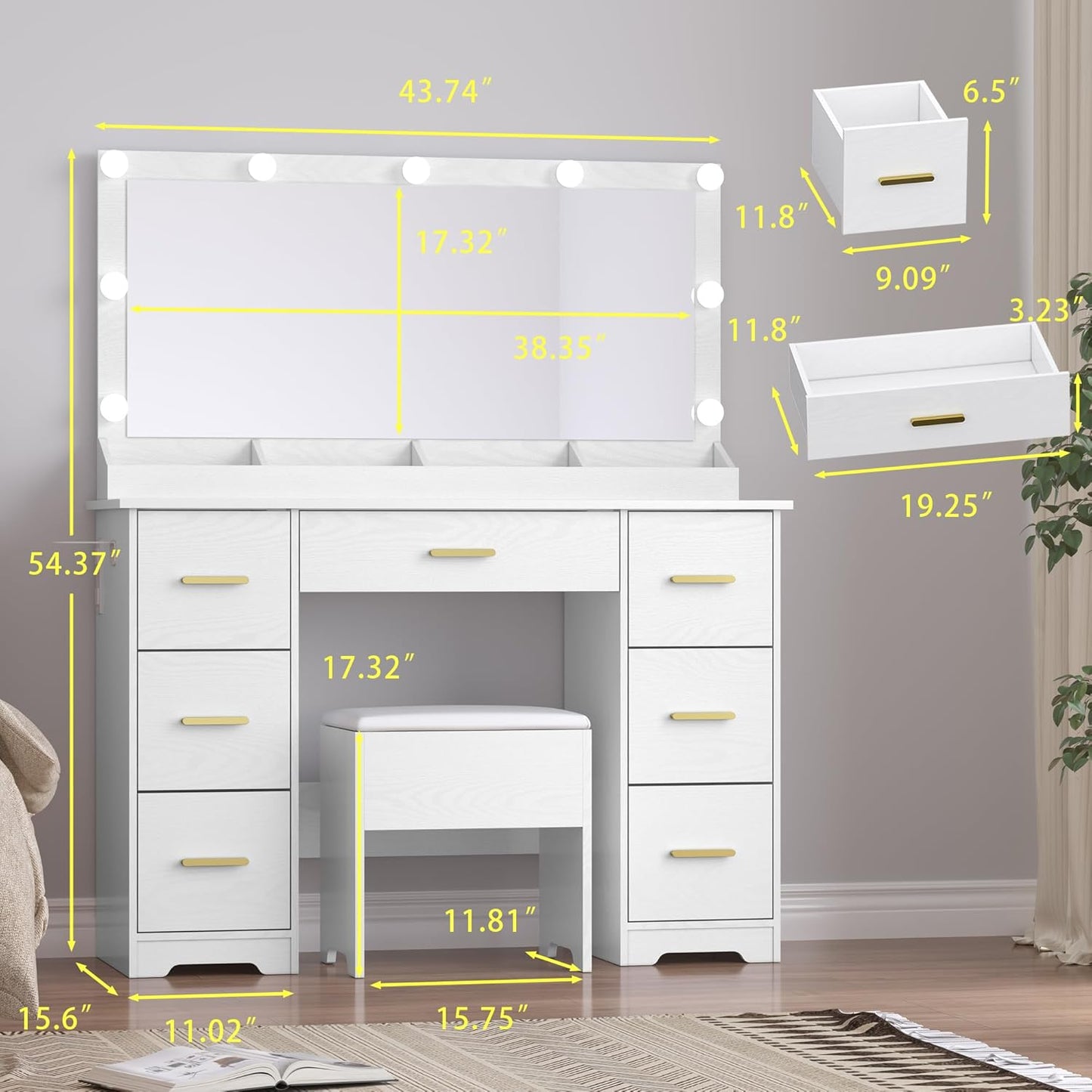 Makeup Vanity with Large Lighted Mirror and Chair, 7 Drawers Vanity Makeup Desk Table with Power Strip, Adjustable Lighting, and Cushioned Storage Stool for Women, Girls