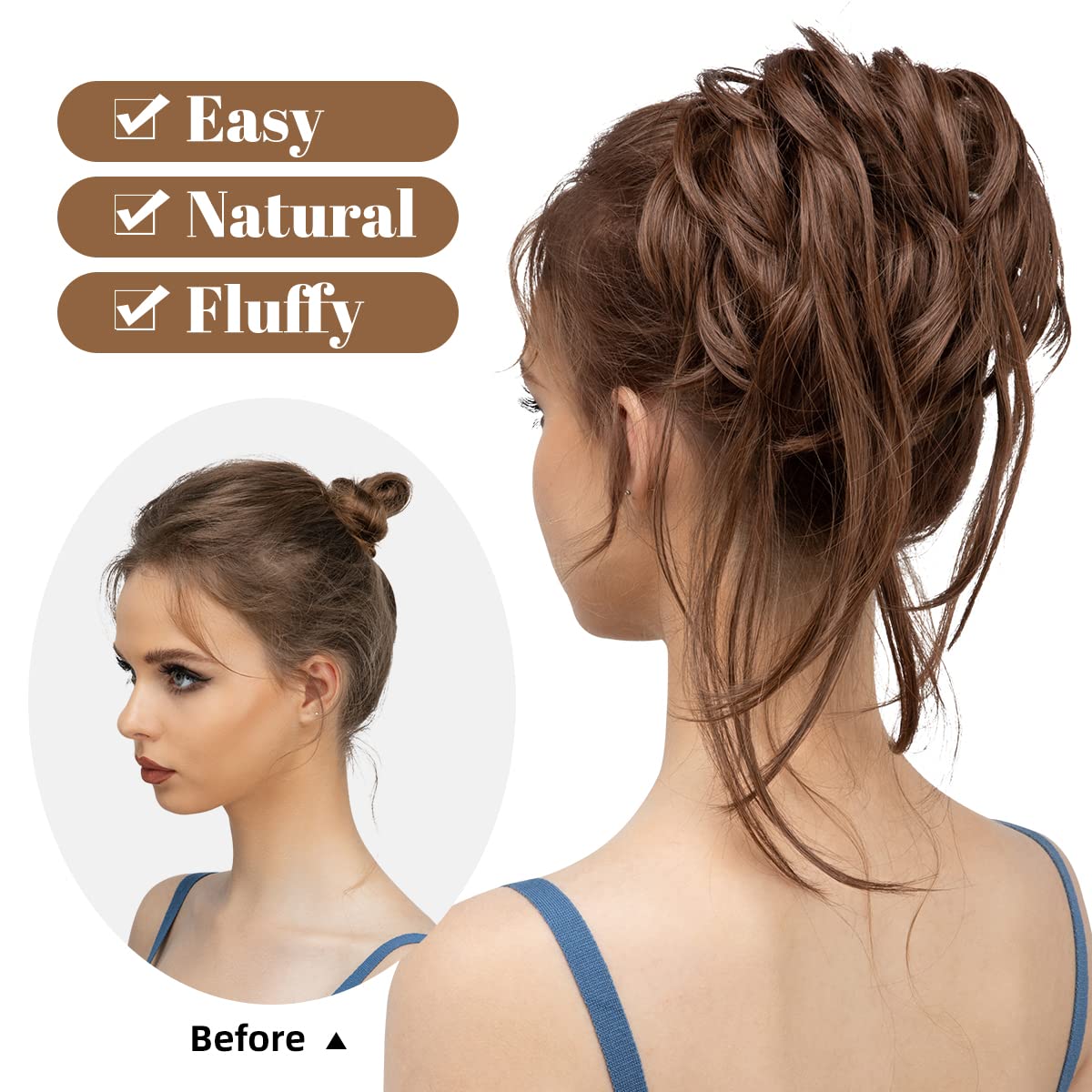 CJL HAIR Messy Bun Hair Piece Curly Hair Bun Extensions with Straight Tails Synthetic Hair Scrunchies Ponytail Hairpieces for Women Light Brown