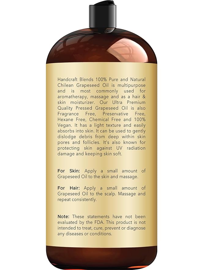 Handcraft Blends Grapeseed Oil - Cold-Pressed 28 Fl Oz - 100% Pure and Natural - Premium Grade Carrier Oil for Skin and Hair - Hair and Body - Massage - Hexane-Free