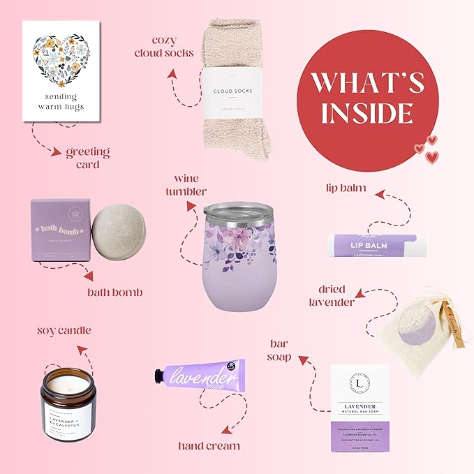 Unboxme Lavender Spa Gift Basket For Women - Mother's Day Relaxation Gift Set with Scented Candle, Wine Tumbler, Bath Bomb, Soap, Socks & Hand Cream - Self Care Package with Card