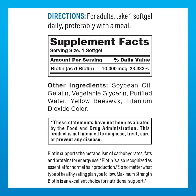 Vitamin World Ultra Mega Biotin 10,000 mcg. 50 Softgels, Vitamin B, Supports Healthy Hair, Skin and Nails, Rapid-release, Gluten Free