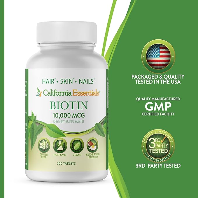 California Essentials Biotin 10000mcg | Vitamin B7 Promotes Healthy Skin, Hair & Nail Growth | High Potency Dietary Supplement for Men & Women | Non-GMO, Vegan, Gluten & Dairy Free (200 Tablets)
