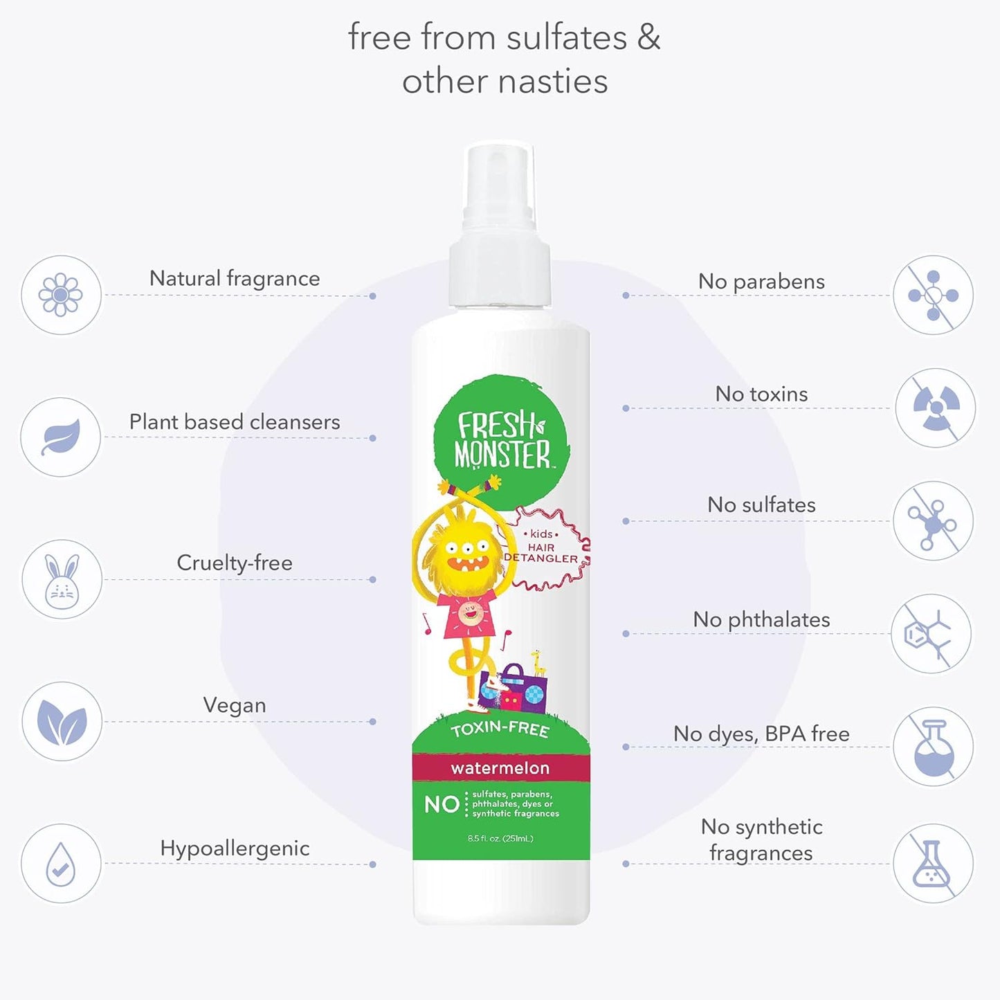 Fresh Monster Kids Detangler Spray, Toxin-Free, Hypoallergenic & Natural, Hair Conditioning Spray for Kids, Watermelon (2 Pack, 8.5oz/each)