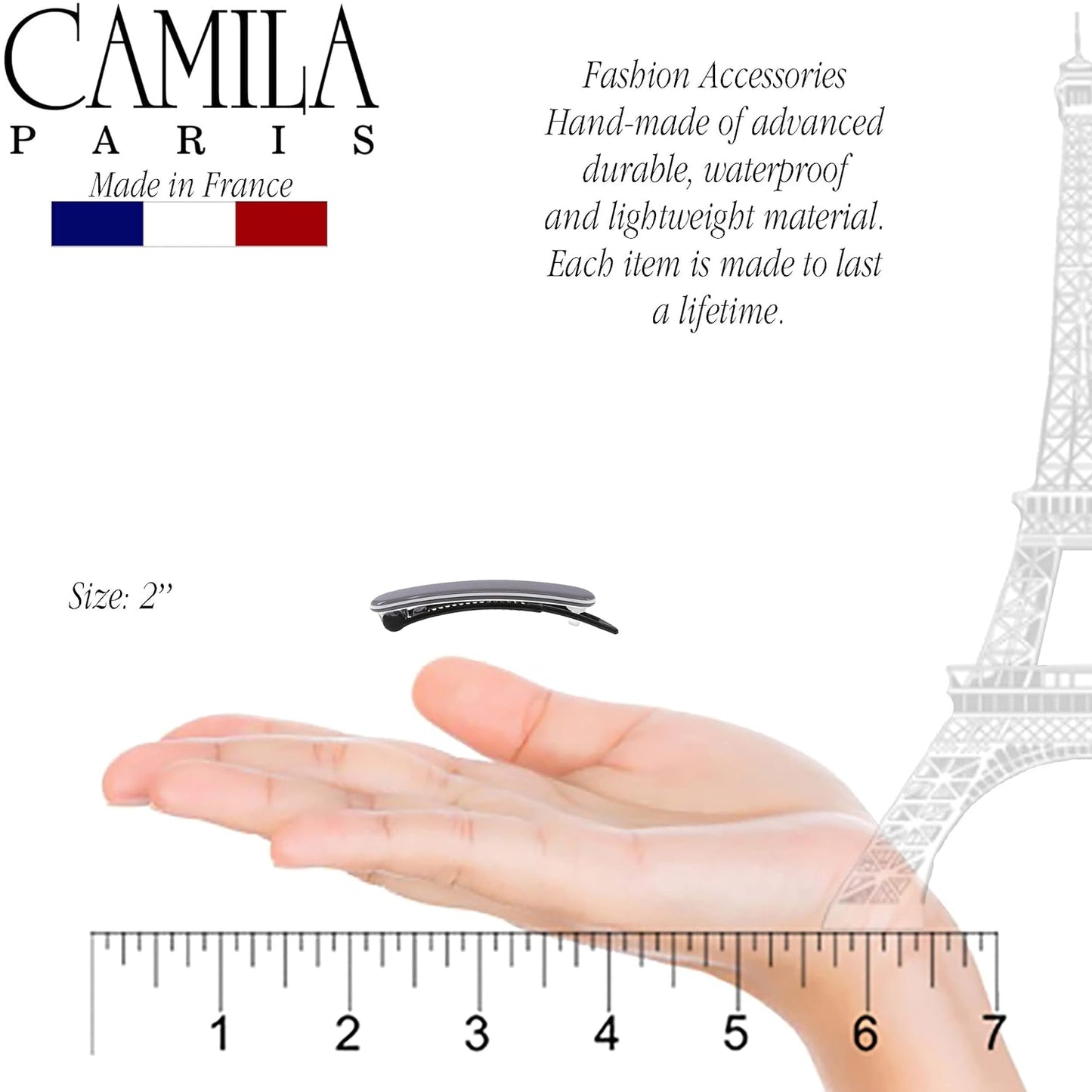 Camila Paris CP3379 French Hair Barrettes Clips for Women, Handmade, Girls Side Slide-in Barrette Clip, Hair Accessories for Women. Strong Hold No Slip Grip Fashion Durable Styling, Made in France