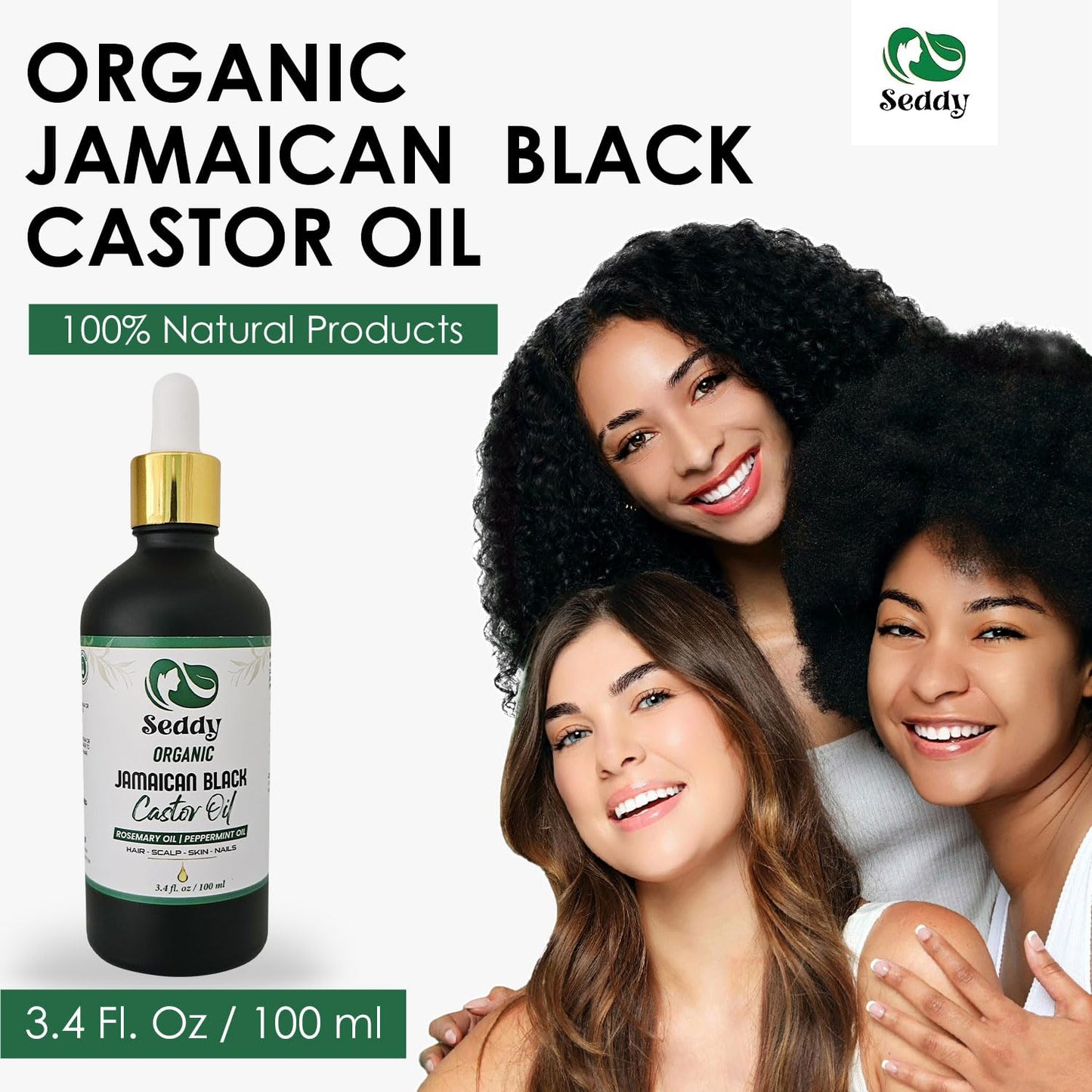 Seddy Organic Jamaican Black Castor Oil - with Rosemary & Peppermint in Glass Bottle - Cold Pressed | Hexane-Free | Promotes Hair Growth | Strengthens Hair | Hair Treatment Oil - 3.4 Fl. Oz