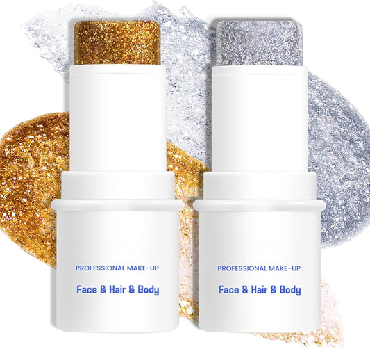 Body & Face Glitter Makeup Stick, Multiuse Waterproof Glitter Gel for Face Body Hair Eye Lip, Holographic Sequins Paint Stick, Mermaid Accessories Makeup (Gold, Silver)