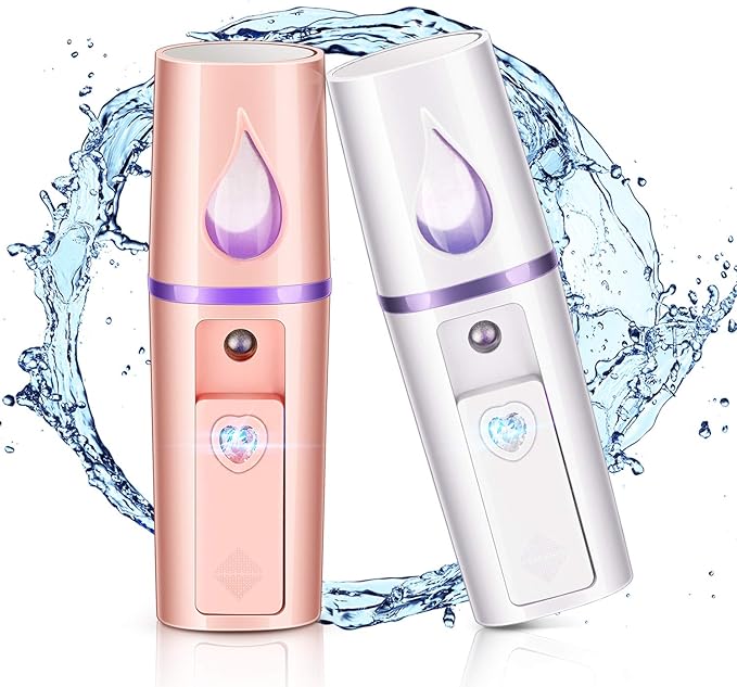 2 Pieces Nano Facial Mister Portable Mini Face Mist Steamer Handy Mist Sprayer with Mirror Design Moisturizing and Hydrating for Eyelash Extension (White, Pink)