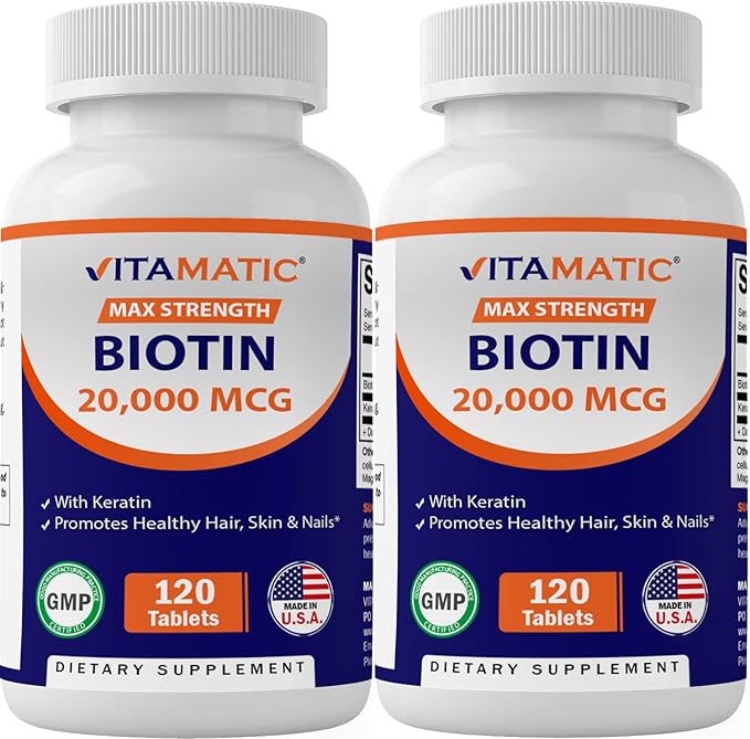 Vitamatic High Potency Biotin 20000 mcg (20mg) with Keratin 100mg - 120 Vegetarian Tablets - Biotin Supplements for Healthy Hair Skin & Nails for Adults (120 Count (Pack of 2))
