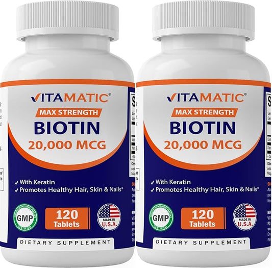 Vitamatic High Potency Biotin 20000 mcg (20mg) with Keratin 100mg - 120 Vegetarian Tablets - Biotin Supplements for Healthy Hair Skin & Nails for Adults (120 Count (Pack of 2))