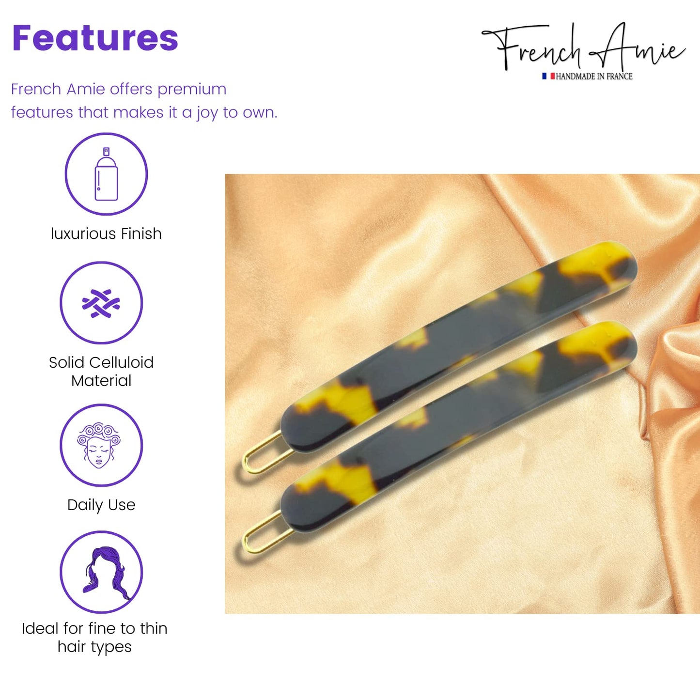 French Amie Rounded Oblong Small 2.5" Cellulose Set of 2 French Hair Clips Tige Boule Handmade Girls Side Slide-in Hair Barrette Clip (Yellow Tokyo)