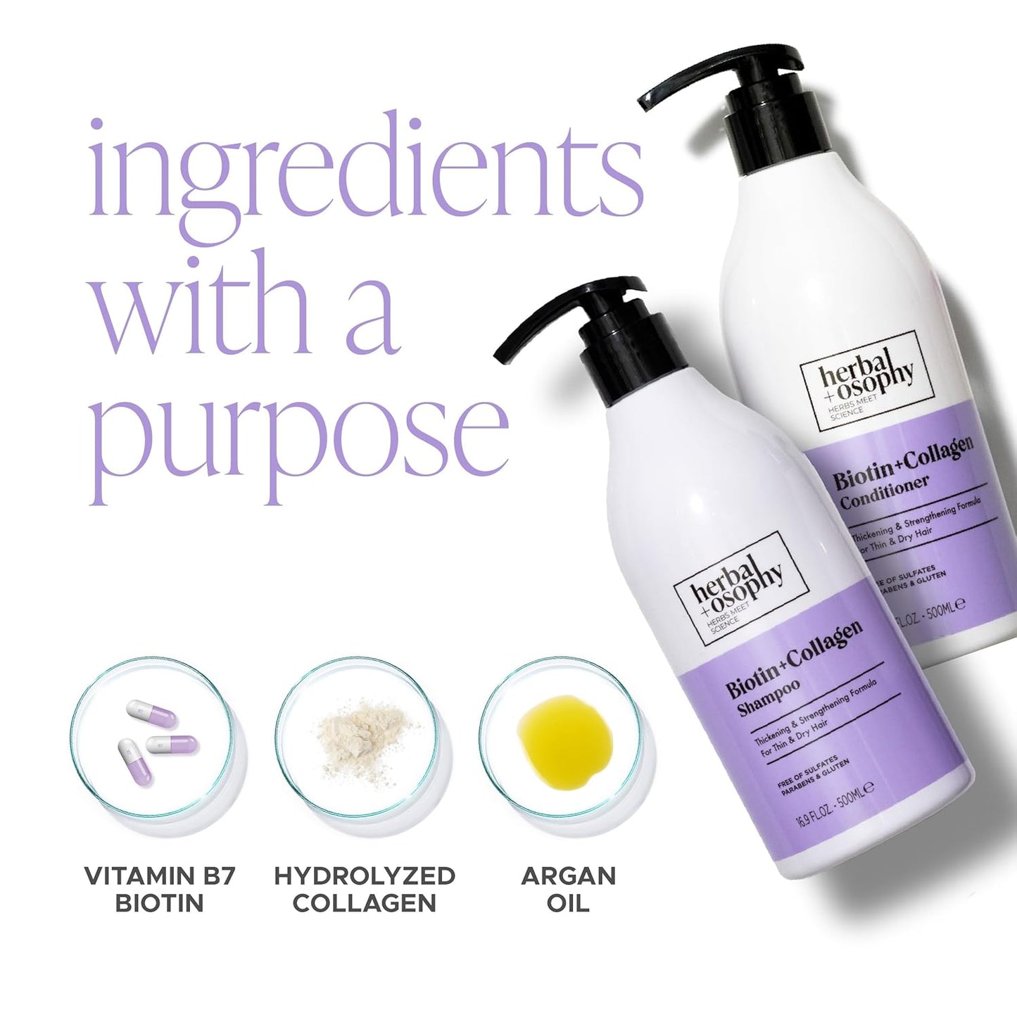 Herbalosophy Biotin & Collagen Shampoo & Conditioner Set, Hair Growth Thickening, Repair Dry, Damaged Hair Set, Infused with Vitamin B7 & Argan Oil, Sulfate, Parabens and Gluten Free, 2 x 16.9 Fl Oz