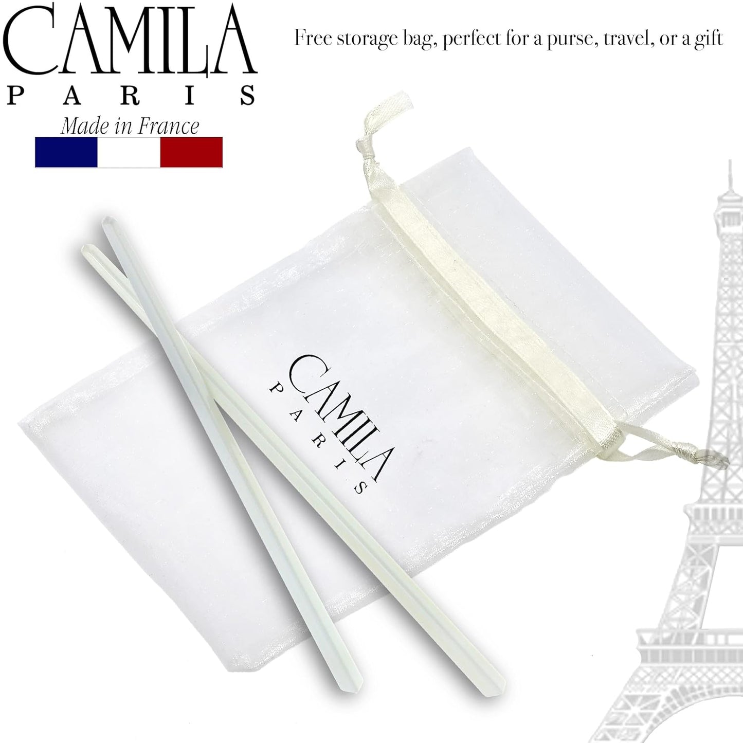 Camila Paris CP3177 French Twist Stick Hair Pin, Set of 2 White, Girls Chopsticks Hair Pins for Girls Spiral Updo Chignon Bun Holder, Styling Hair Accessories for Women, Made in France