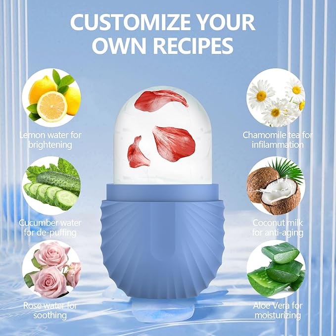 2pcs Ice Roller for Face and Eye, Silicone Ice Facial Roller Ice Holder, Face Ice Mold Skin Care, Face Icers Reusable Ice Cube Roller for Shrink Pores Anti Wrinkle Reduce Puffiness, Black Blue