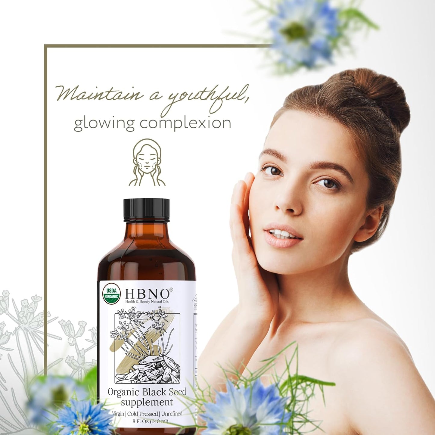 HBNO Organic Black Seed Oil - Huge 8oz (240ml) Glass Bottle Value Size - USDA Certified Organic Black Seed Oil, Cold Pressed for Face, Body, Lips, Shampoo & Conditioner