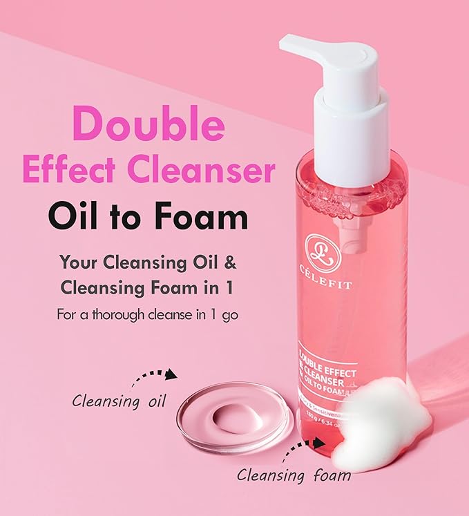 CELEFIT Double Effect Cleanser Oil to Foam - Korean Cleansing Oil Makeup Remover Foaming Facial Cleanser | Makeup Remover Oil to Foam Cleanser Face Wash for Women & Men | Korean Oil Cleanser (6.34oz)