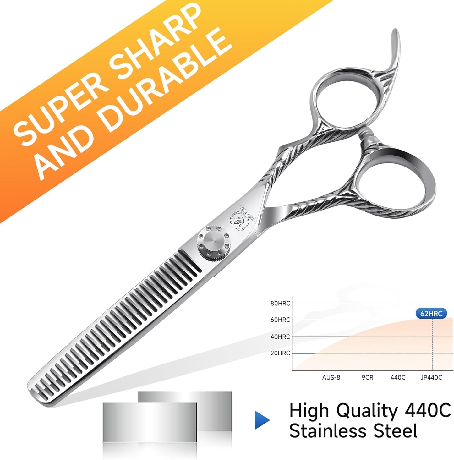 Fenice Peak Hair Thinning Scissors 6.0'' Barber Texturizing Shears 440C Thinner Hair Scissors with Engraving Handle for Salon and Home User