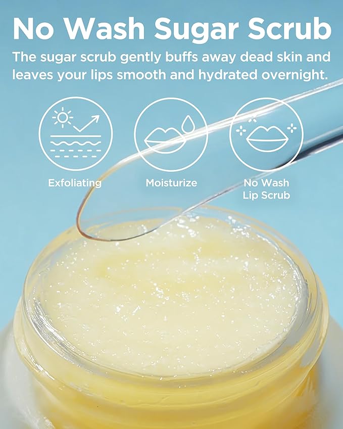 Lemon Sugar Lip Mask – Korean Vegan Lip Scrub & Overnight Exfoliating Treatment for Dry, Chapped Lips – Hydrating, Plumping, Smoothing – Glazed Balm Texture, Non-Sticky, Fragrance-Free, 0.68oz