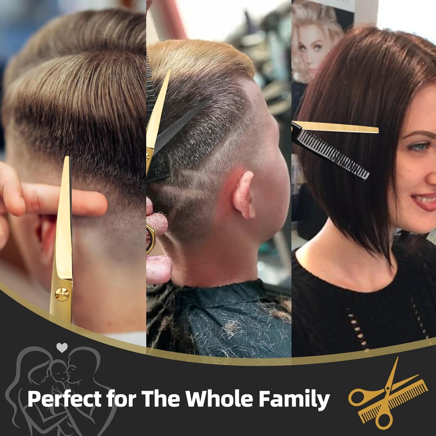 Hair Cutting Scissors Kit - 9 PCS Professional Haircut Scissors Set with Stainless Steel Straight and Thinning Shears for Home, Salon, and Barber Use (Black & Gold)