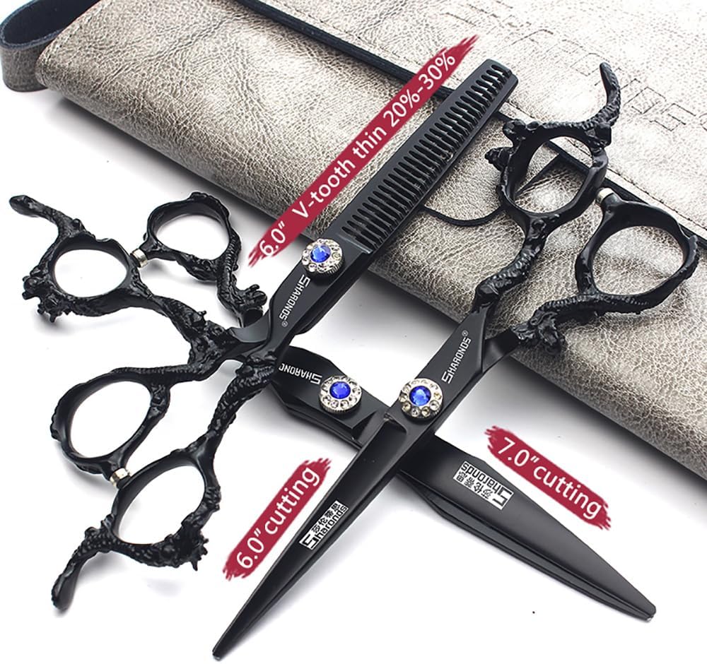 6+7 inch hair stylist barber scissors black plate dragon 440C hairdressing cutting scissors+thinning scissors (3PC)