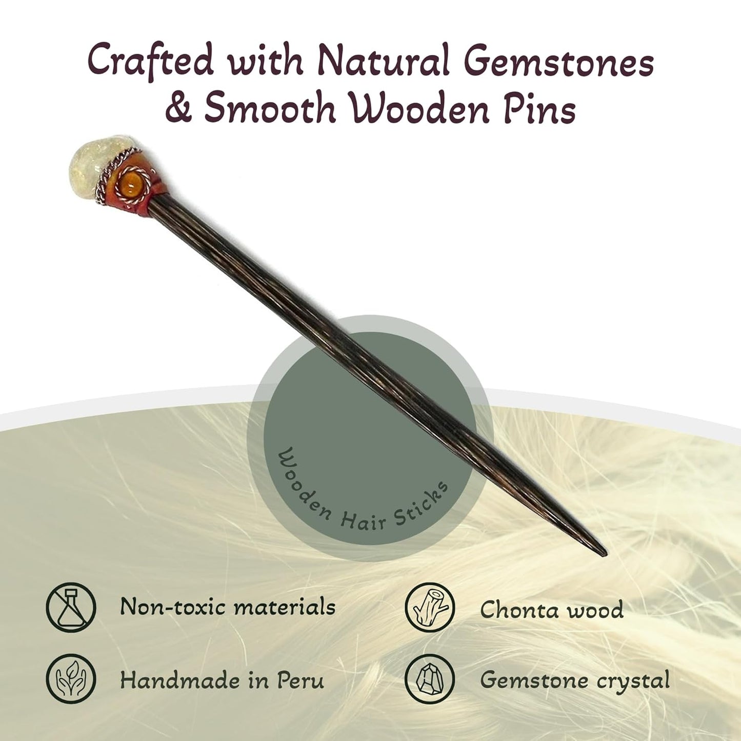 Mia Jewel Shop - Natural Tumbled Healing Gemstone Crystal Chonta Wooden Hair Sticks – Handmade Hair Sticks for Women | Hair Pins Boho Reiki Accessories, Fashion Gifts (Yellow Citrine)