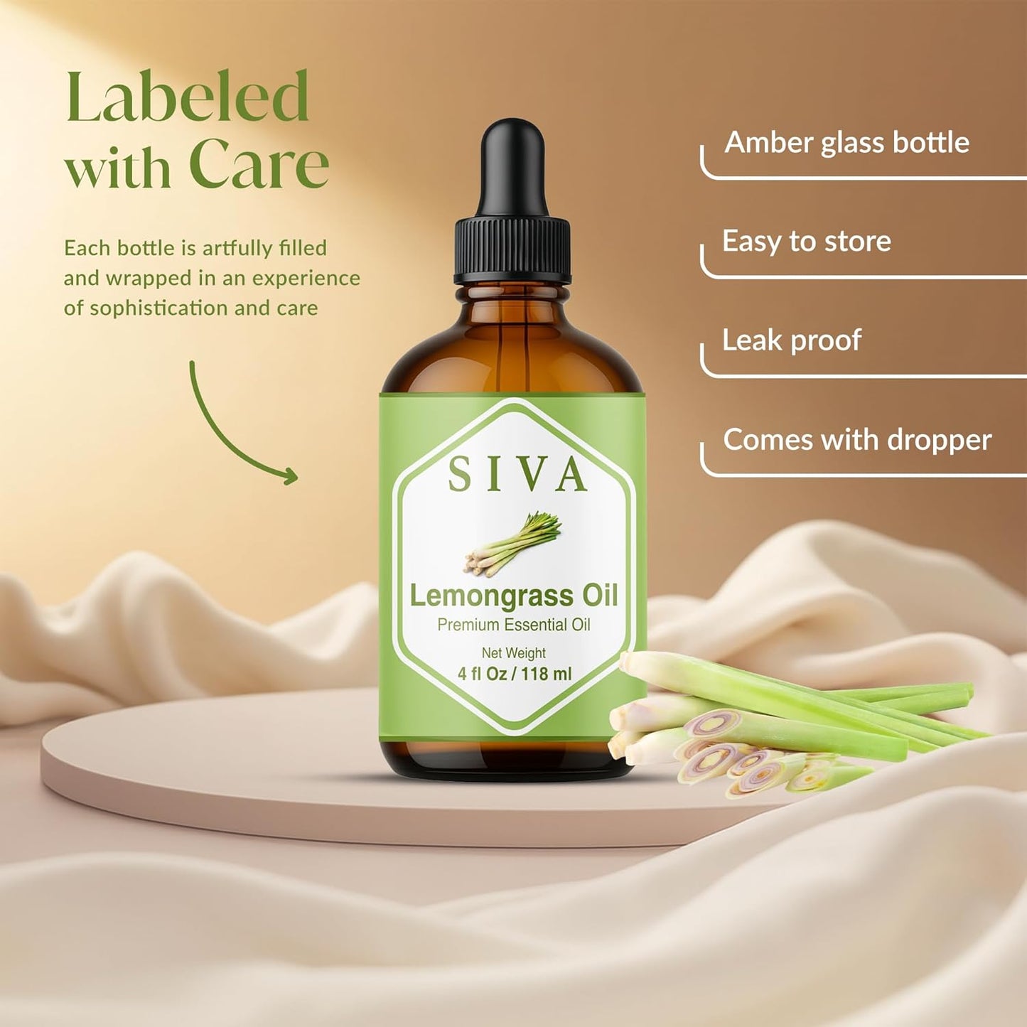 Siva Lemongrass Essential Oil - 4 Fl Oz – 100% Natural Lemongrass Oil - for Diffuser, Face, Skin Care, Aromatherapy, Hair Care, Scalp and Body Massage - with Dropper