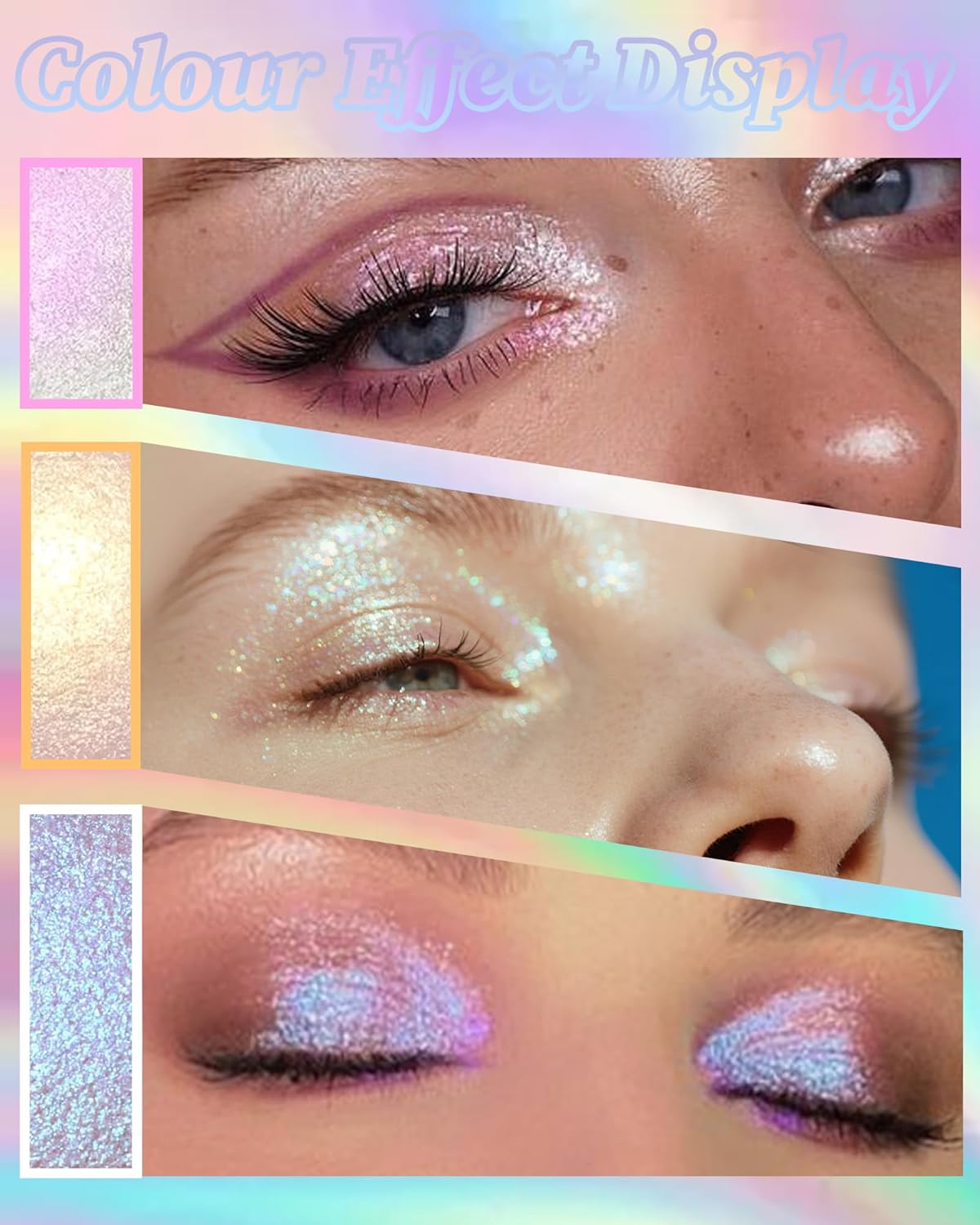 Glitter Holographic Eyeshadow Palette Multichrome Chameleon Face Highlighter, Sparkling Cream Color Shifting Single Eye Shadow Long Lasting Shimmer Inner Corner Eye Brightener Pink Mermaid Makeup-02