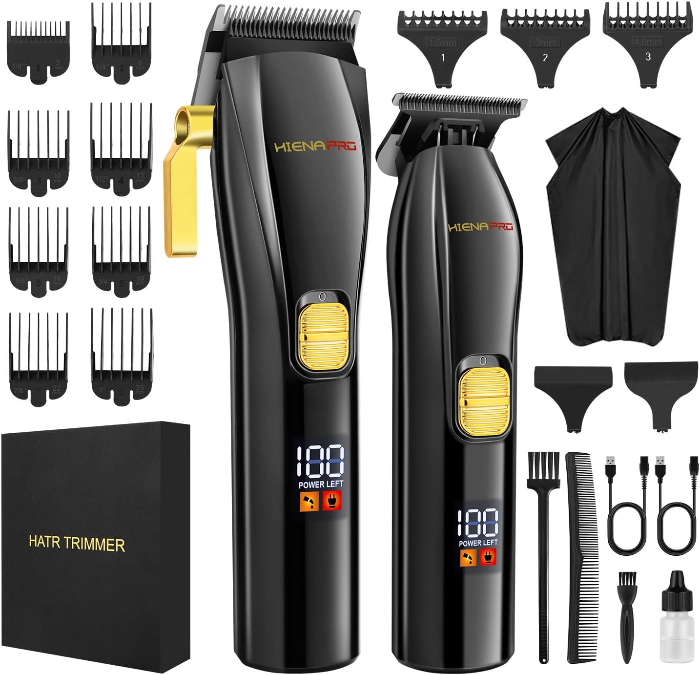 HIENA PRO Professional Hair Clippers and T-Blade Trimmer Kit for Men Cordless Complete Barber Kit Hair Cutting Kit Haircut Set with LED Display & USB Rechargeable (Black)