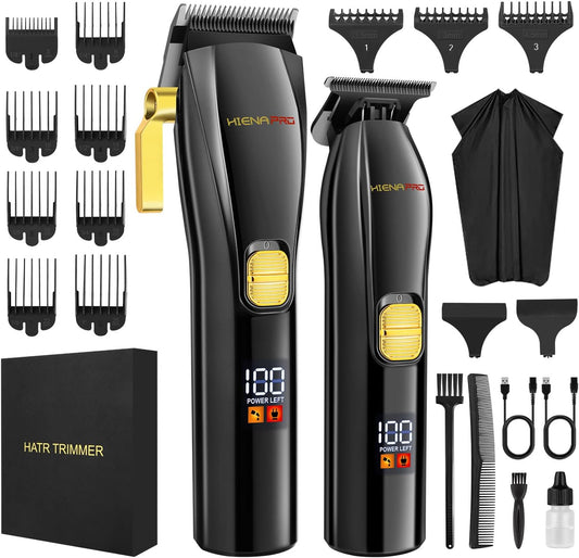 HIENA PRO Professional Hair Clippers and T-Blade Trimmer Kit for Men Cordless Complete Barber Kit Hair Cutting Kit Haircut Set with LED Display & USB Rechargeable (Black)