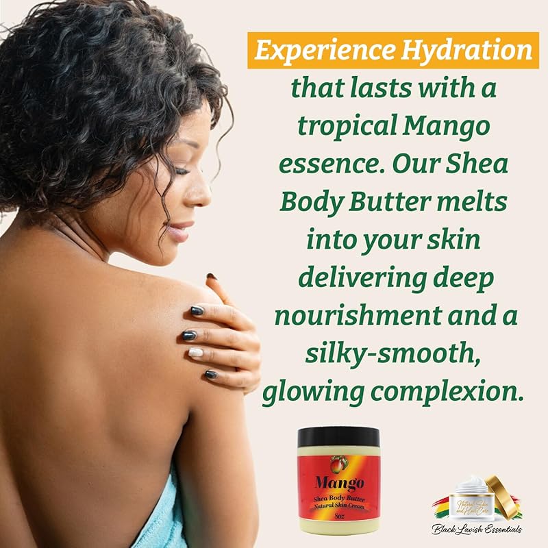 Ultra-Soft Shea Body Butter, Dry Skin Cream for Radiant Moisturized Skin, Natural Hydrating Body Lotion with Aloe Vera, Argan Oil, Rosehip Oil, (Mango, 8oz)