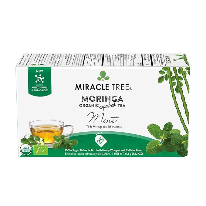 Miracle Tree - Organic Moringa Superfood Tea, 25 Individually Sealed Tea Bags, Mint (Keto, Detox, Energy & Immunity Booster, Vegan, Gluten-Free, Organic, Non-GMO, Caffeine-Free)