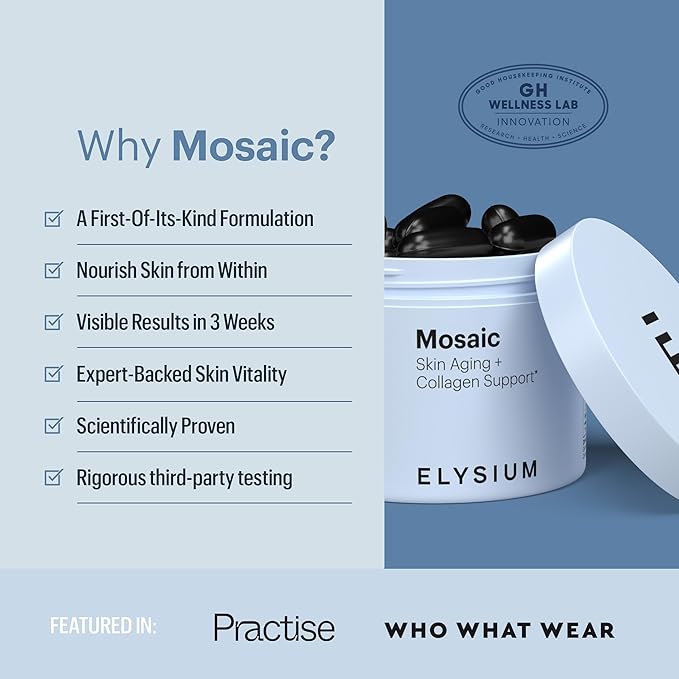 ELYSIUM Mosaic - Hyaluronic Acid Supplement - Clinically Proven - Fights Fine Lines & Skin Aging - Collagen Supplement - 30-Day Supply (Vegan Softgels)