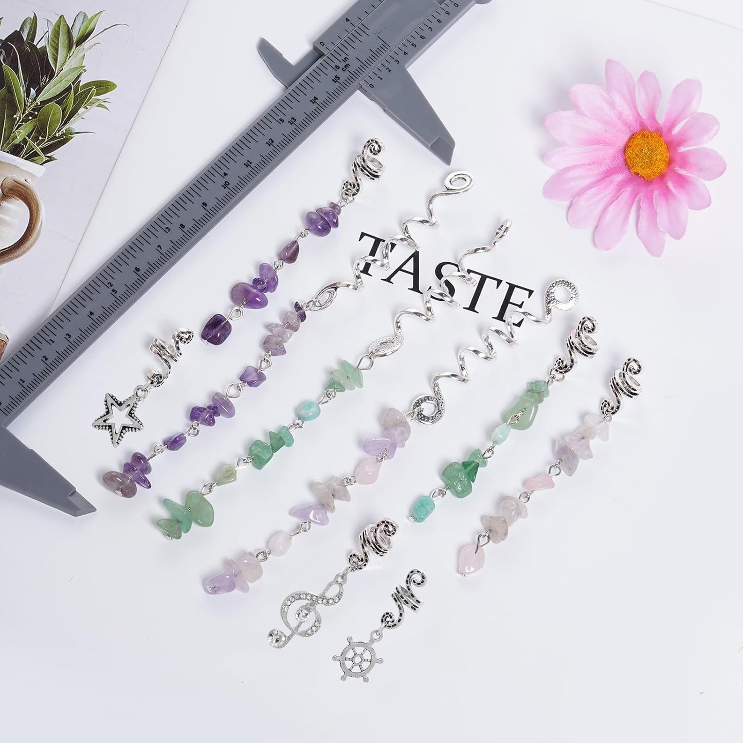 40Pcs Natural Colored Crystal Stone Hair Accessories, hoyuwak Metal Hair Charms, Silver Loc Dreadlock Spirals, Cuffs & Rings for Women's Hairstyles