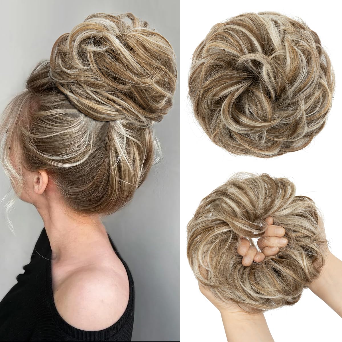 CJL HAIR Large Messy Bun Hair Piece Wavy Curly Scrunchies Synthetic Chignon Ponytail Hair Extensions Thick Updo Hairpieces for Women Beige Multi