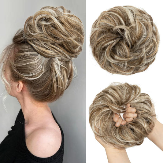 CJL HAIR Large Messy Bun Hair Piece Wavy Curly Scrunchies Synthetic Chignon Ponytail Hair Extensions Thick Updo Hairpieces for Women Beige Multi