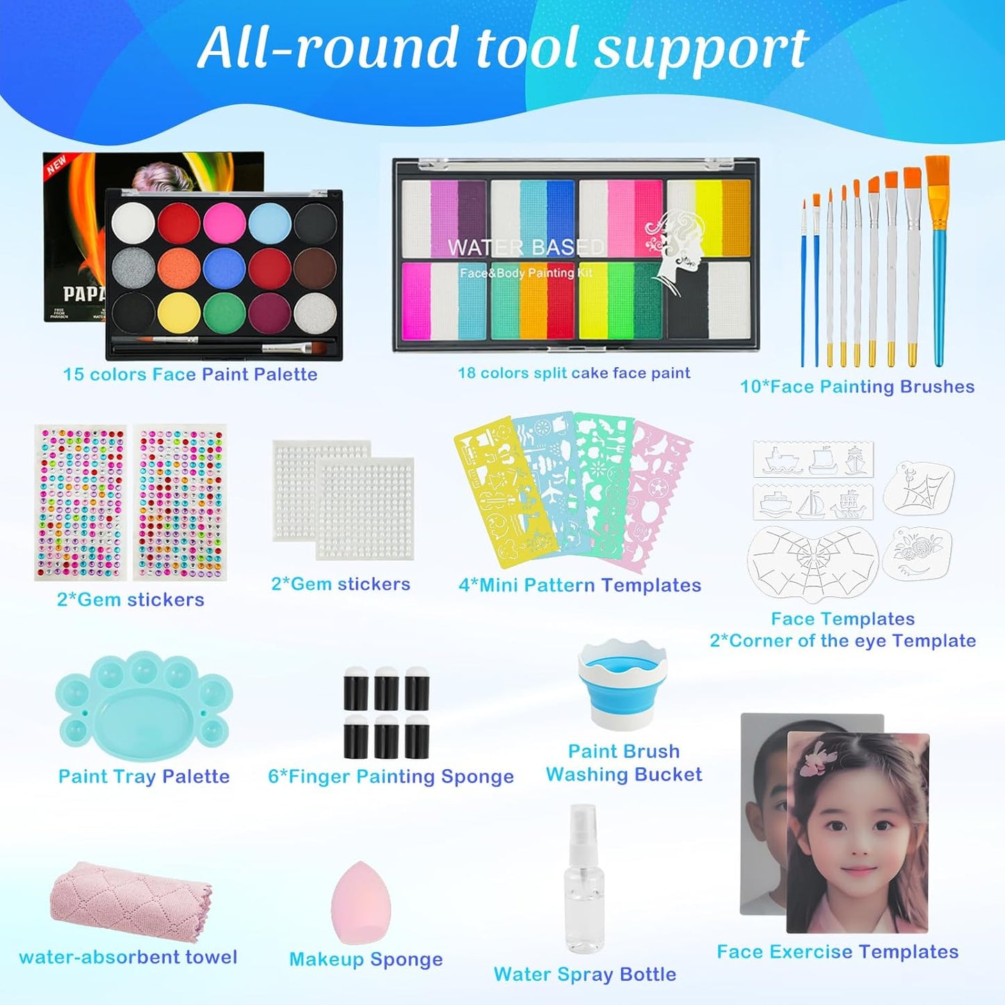 Face Painting Kit for Kids & Adults,18 Color+15 Color Non-toxic Water Activated Face Paint Palette,Halloween Makeup Kit.Ideal for Halloween,Carnival,Cosplay,Party,Arty Stage Makeup.