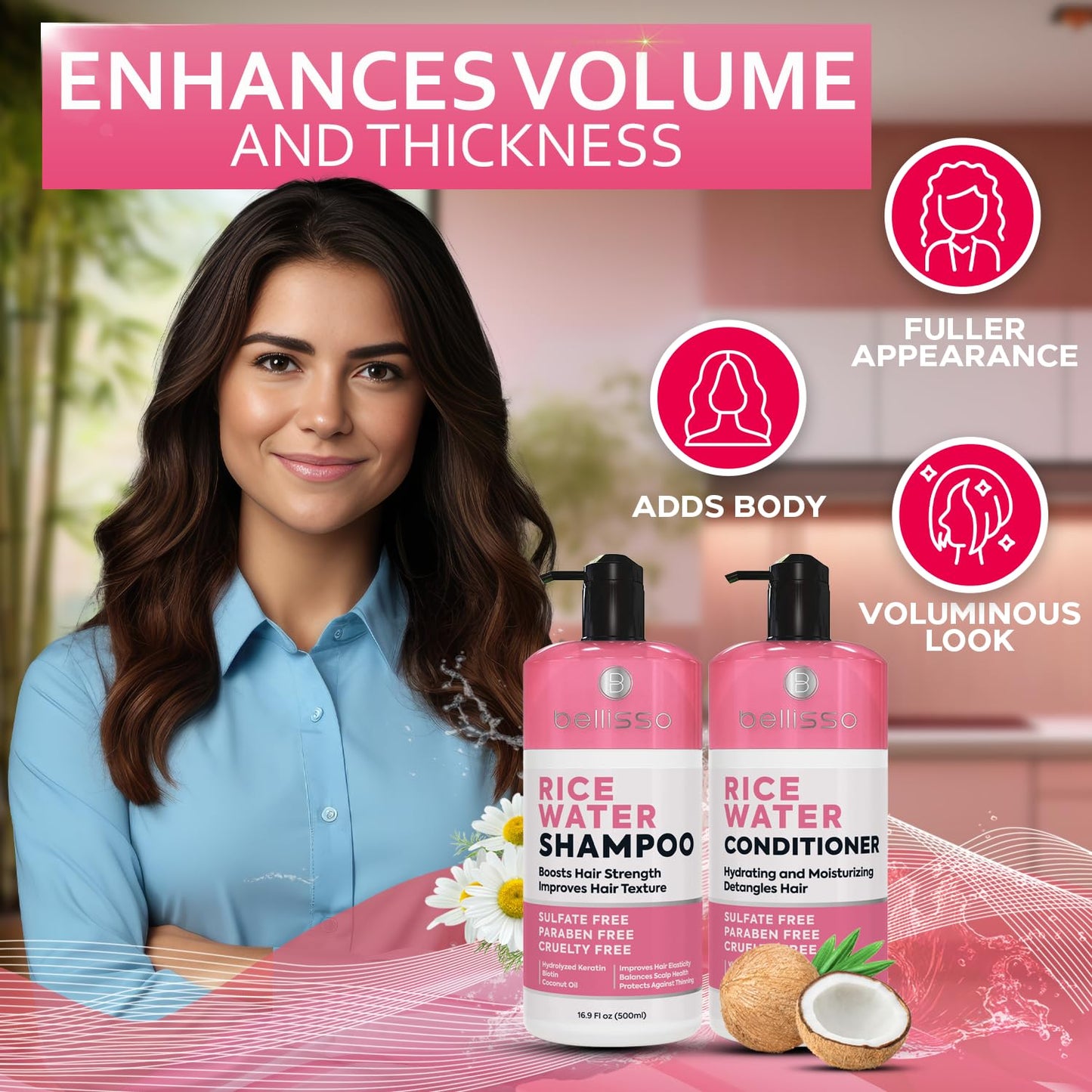 Rice Water Shampoo and Conditioner Set - Sulfate Free for Thin and Fine Hair - Fuller, Thickening Formula for Women and Men - With Strengthening Saw Palmetto - Anti Thinning, Volumizing for Thick Hair