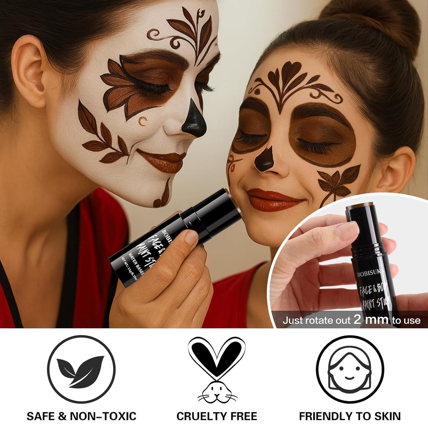 BOBISUKA Brown Face & Body Paint Stick Water-Based Washable Face Paint Makeup Stick for Halloween Skeleton, Skull, Devil, Demon, Fox, Hunting, Camo, Cosplay, SFX, Sports Eye Black & Costume Party