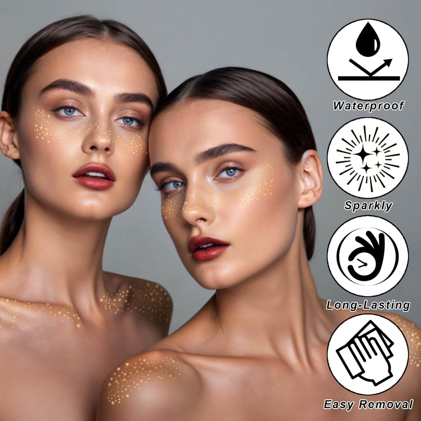 MEICOLY Gold Glitter Freckles Face Tattoo,St Patricks Day Face Glitter,Sparkle Freckles for Women Kids,Sparkle Makeup Patches,6Pcs