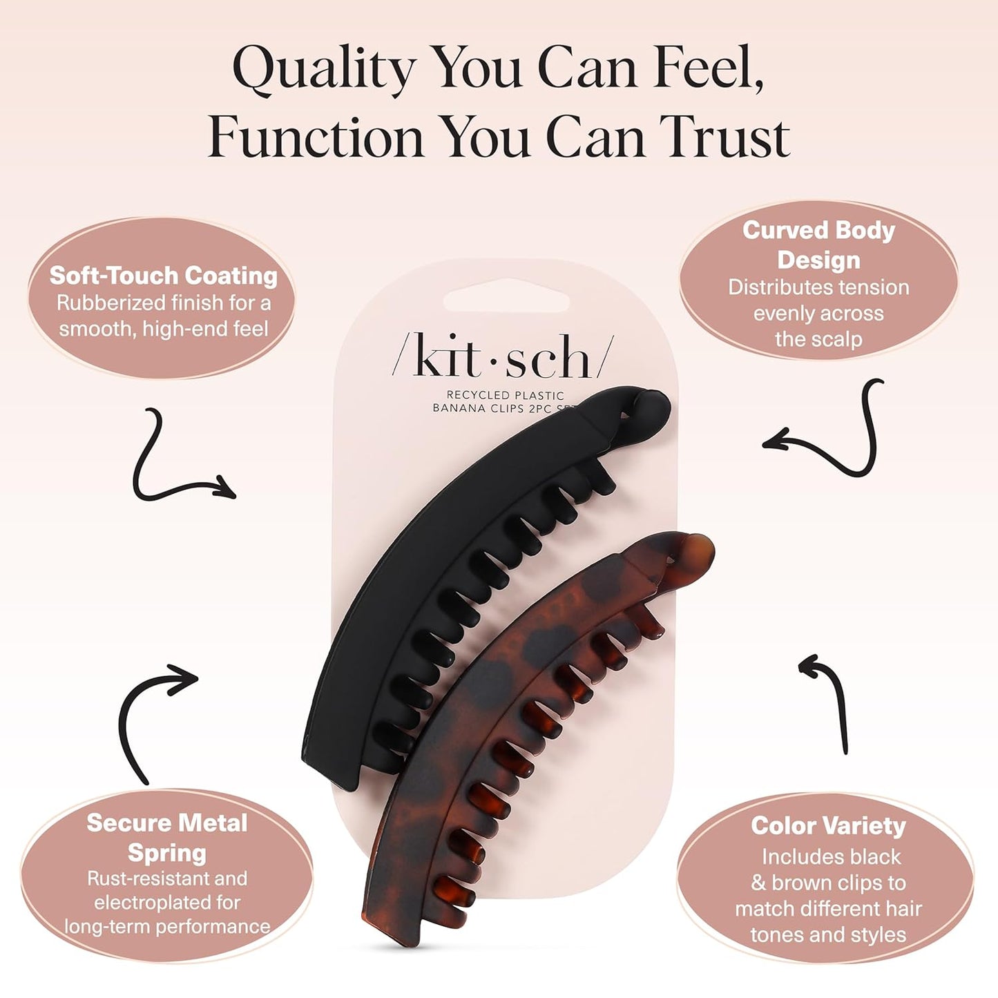 Kitsch Banana Clip – Retro 80’s Style Hair Clips for Women, Secure & Durable No Crease Banana Clips for Styling, Ponytails & Updos | Ideal Gifts for Women – Black & Tort, 2pc Set