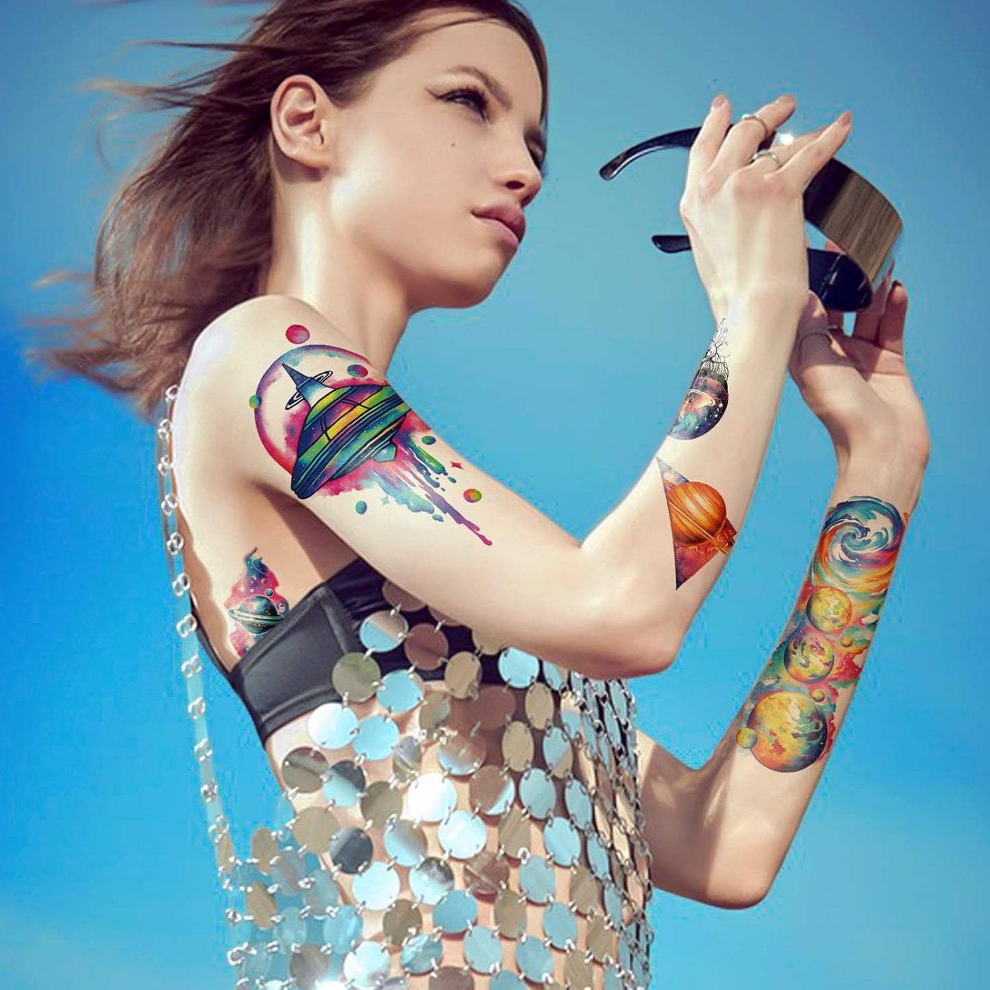 77 Sheets Temporary Tattoos, 17 Sheets Space Planet Astronaut Rockets Half Arm Fake Tattoo for Adults Men Women, 60 Sheets Small Waterproof Lasting Stickers Tattoo for Boys Girls Kids Party