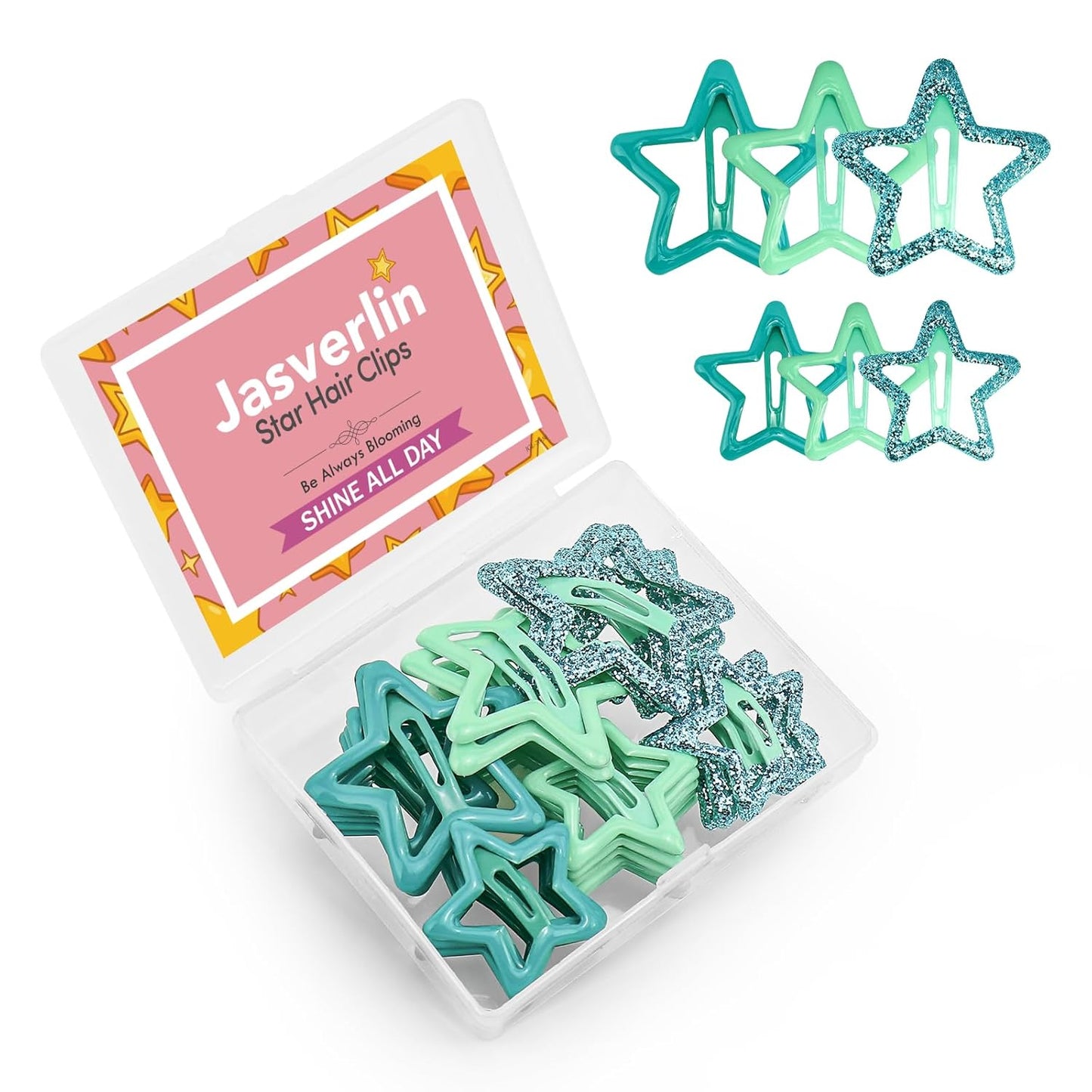 Green Star Hair Clips Accessories 36pcs, Y2K Cute Barrettes for Women Girls, Non-Slip Glitter Snap Hairclips Kawaii Assorted Styling