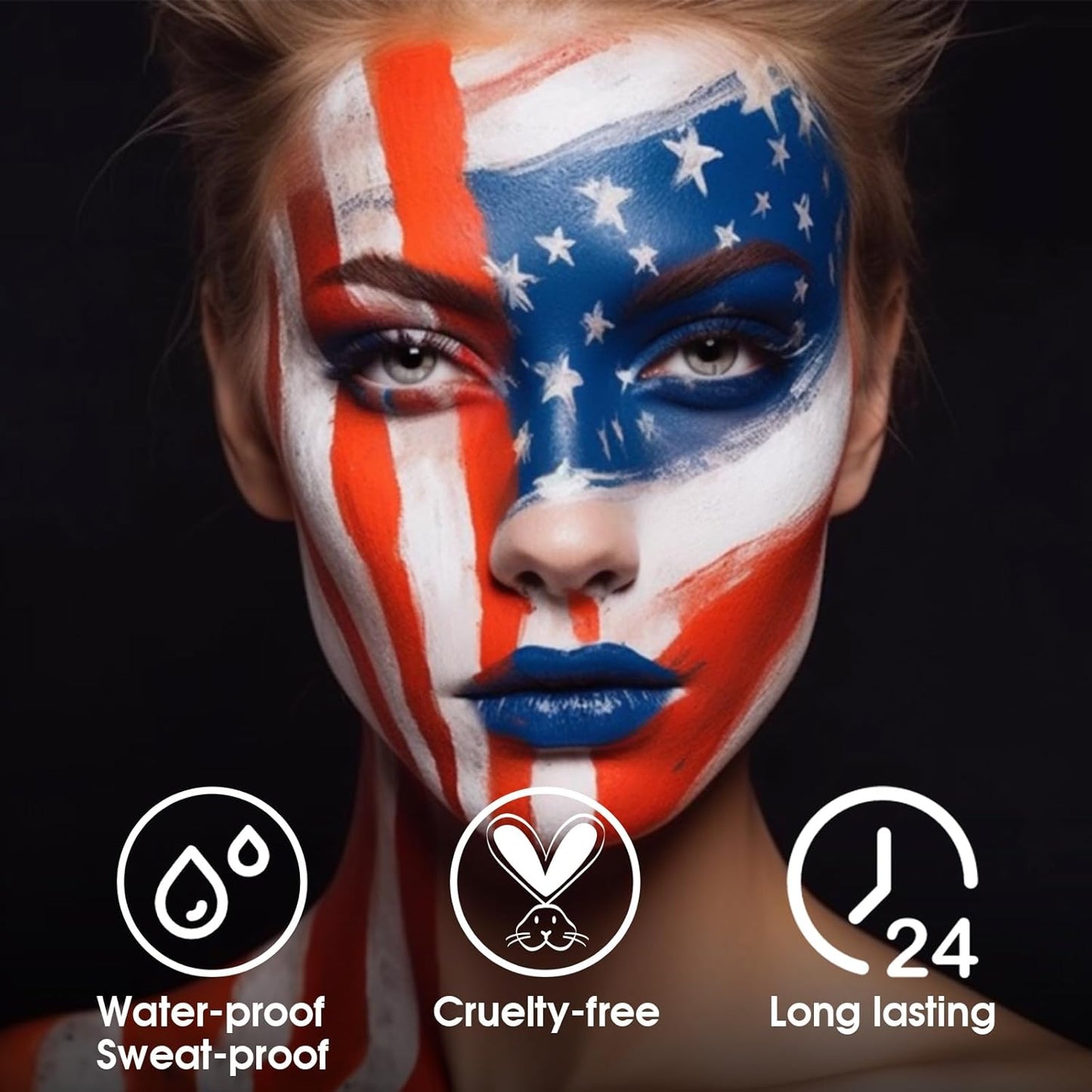 BADCOLOR 3PCS Blue White Red Face Body Paint Stick, Cream Blendable Eye Black for Softball Football Baseball Lacrosse American Flags, Professional Face Painting for Halloween SFX Independence Day