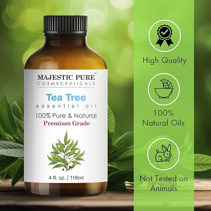 MAJESTIC PURE Tea Tree Essential Oil with Glass Dropper | 100% Pure and Natural Tea Tree Oil | Premium Grade Essential Oils for Diffusers, Skin, Aromatherapy, Massage | 4 Fl Oz
