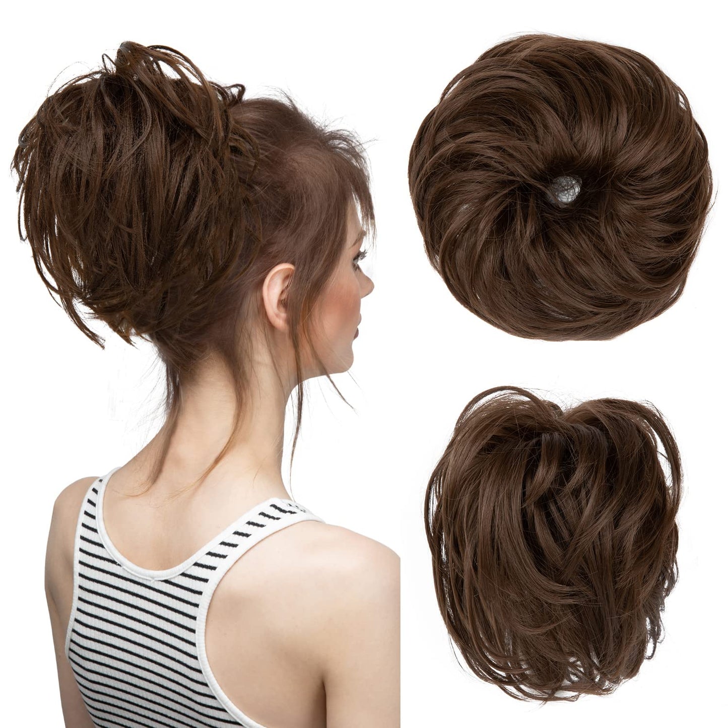 CJL HAIR Large Messy Bun Hair Piece Wavy Curly Scrunchies Synthetic Chignon Ponytail Hair Extensions Thick Updo Hairpieces for Women Medium Brown